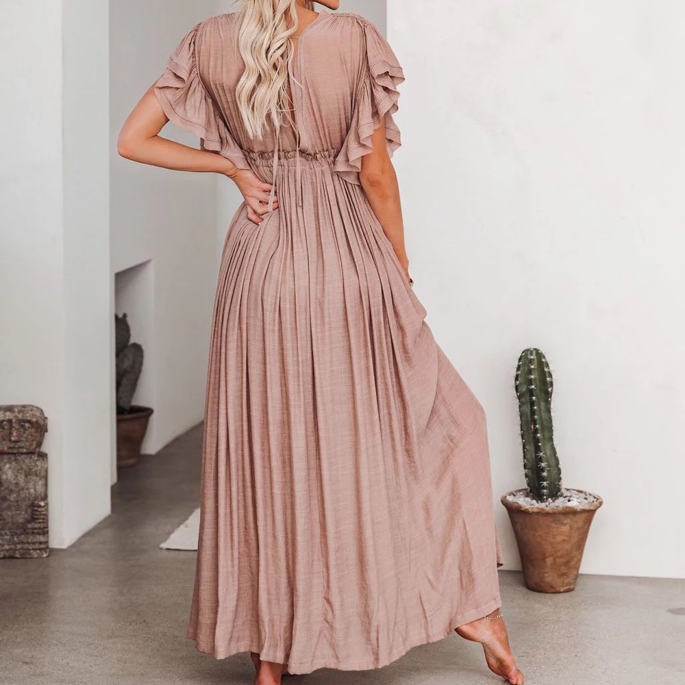 Muted Mauve Boho Gauze Boho Button Flutter Sheer Maxi Dress W/Adjustable Tie - Picture 3 of 7